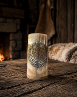 Front view of the Fenrir’s Fury buffalo horn coffee mug showing the wolf and knotwork design
