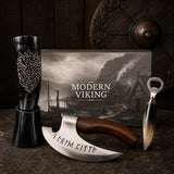 Pizza & Beer Viking Gift Set with wolf carved drinking horn, Viking Pizza Cutter, horn handled bottle opener and Modern Viking gift box
