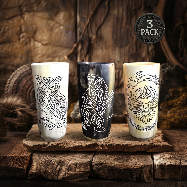 Beasts of Legend Viking Horn Cup 3 Pack with three natural horn cups featuring owl, bear and dragon inspired designs