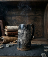 The Dragonbond 250 ml buffalo horn coffee mug with intertwined twin dragon design